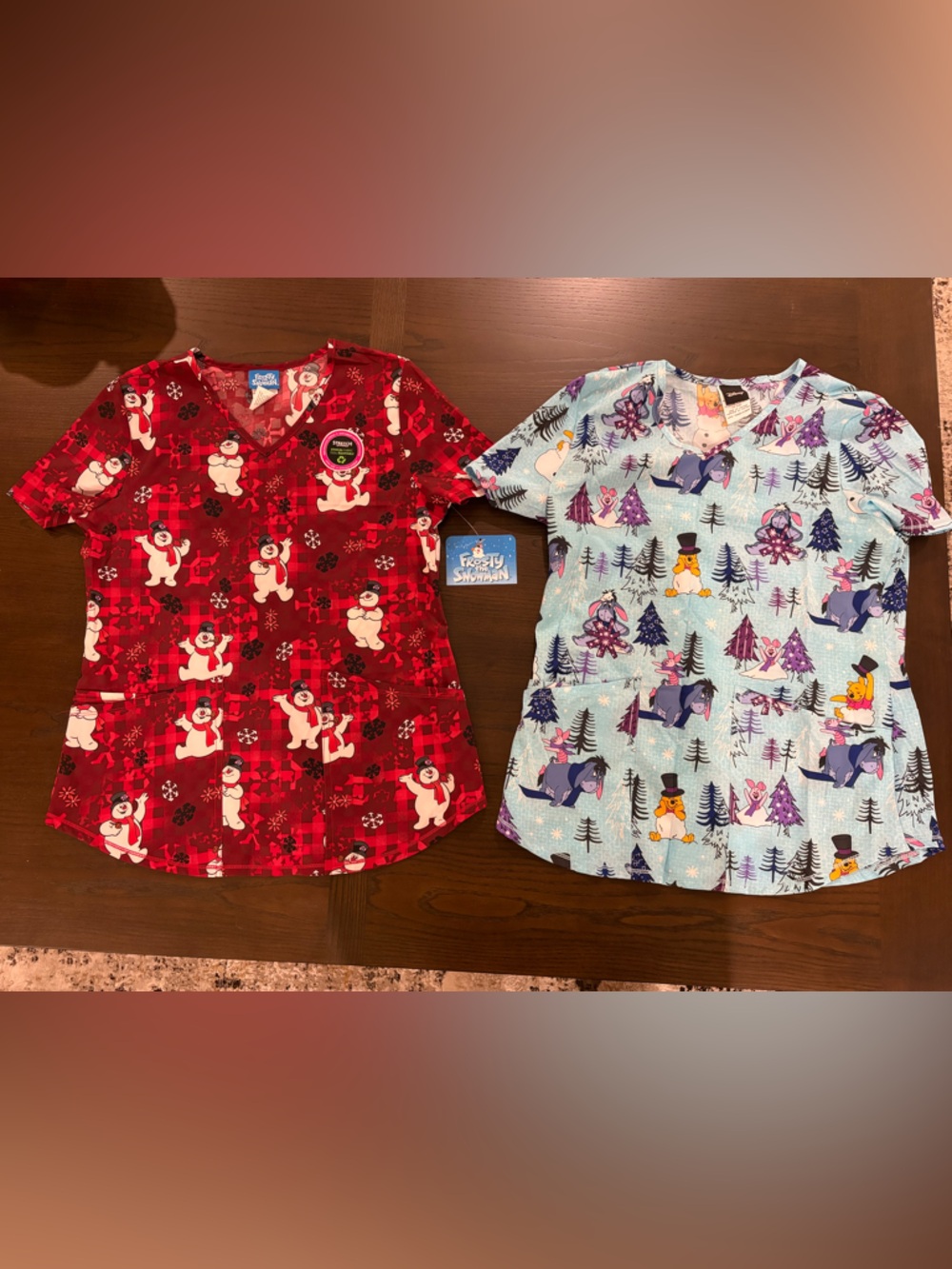 Holiday Cartoon Scrub Tops - Blue & Red